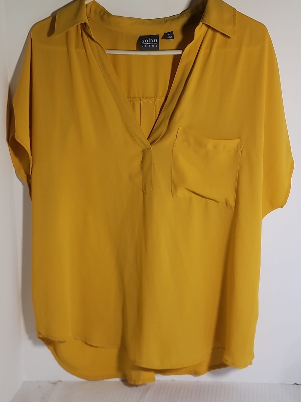 New York & Company Mustard Yellow V-Neck Short Sleeve Blouse